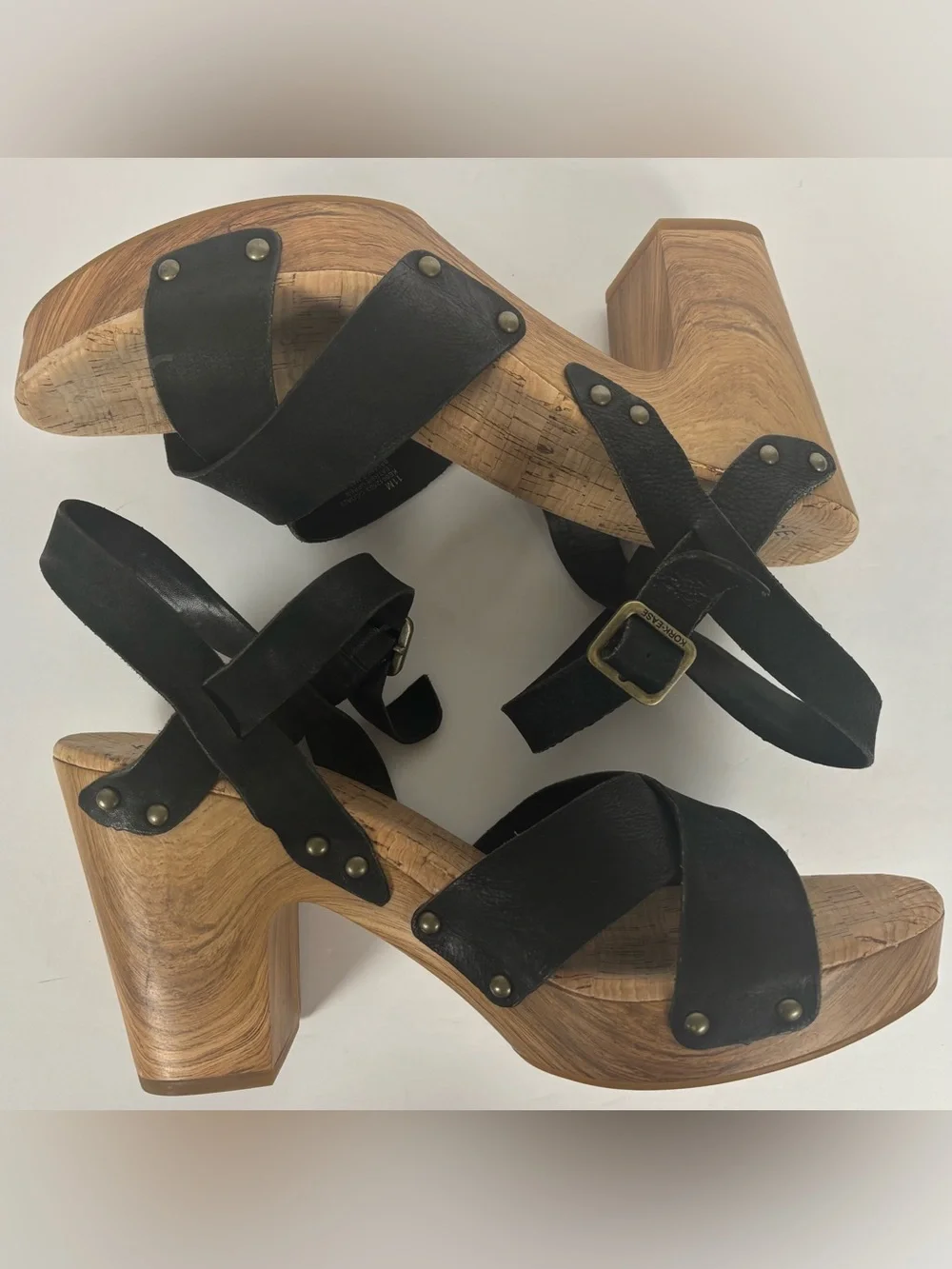 Kork Ease Black Leather Wood Style Platform Studded Clog Sandals
